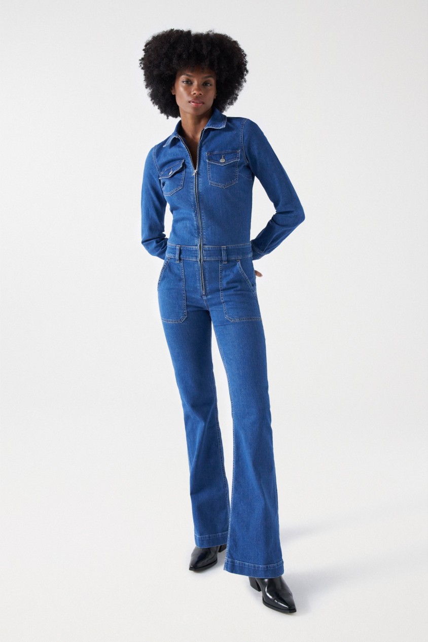 Flared denim jumpsuit on sale