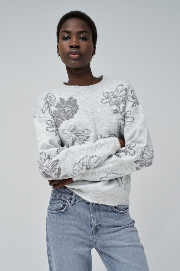 JACQUARD-PULLOVER MIT BLUMENMUSTER UND GLANZEFFEKT