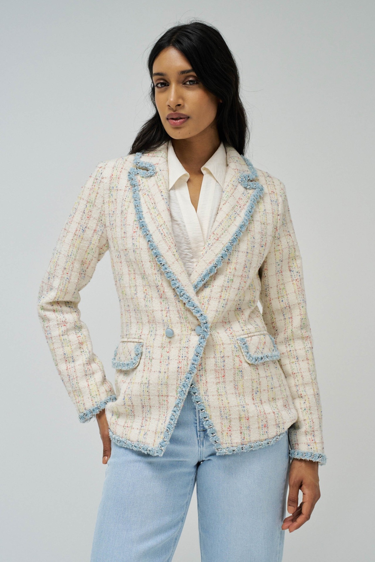 TWEED-BLAZER MIT DENIM-DETAILS