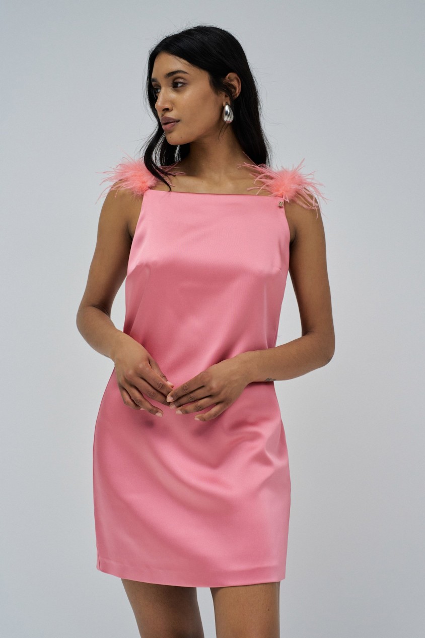 SATIN DRESS WITH FEATHERS