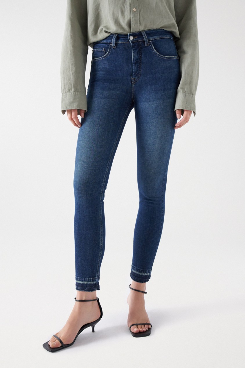 moto pink raw hem straight leg jeans