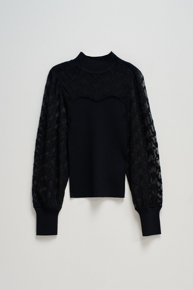 PULLOVER MIT KRAGEN UND SPITZENVERZIERUNG