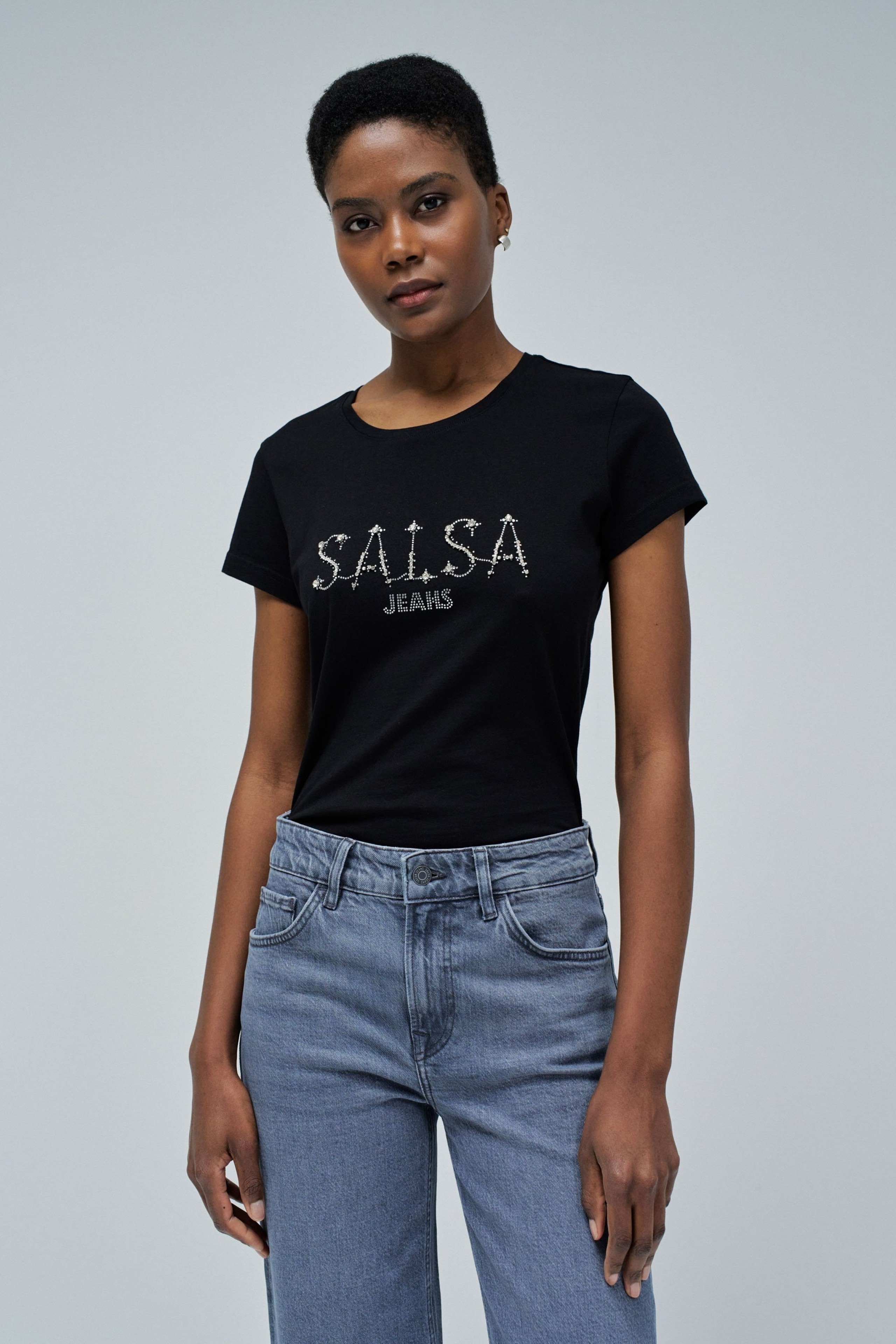 T-shirt Femme Blanc à Strass Rouges - Marque Salsa, Imprimé, Coton, Manches Courtes, Neuf