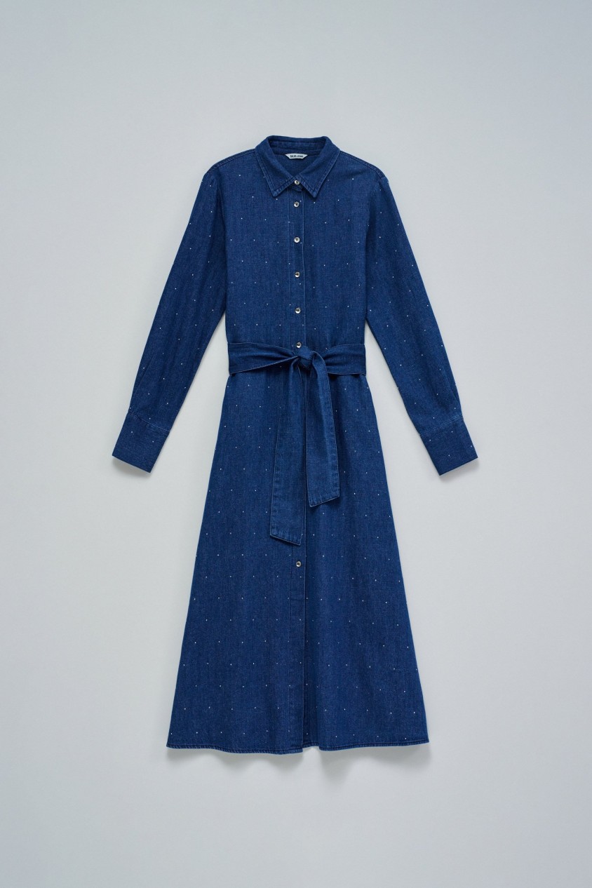 VESTIDO CAMISEIRO EM DENIM COM BRILHANTES