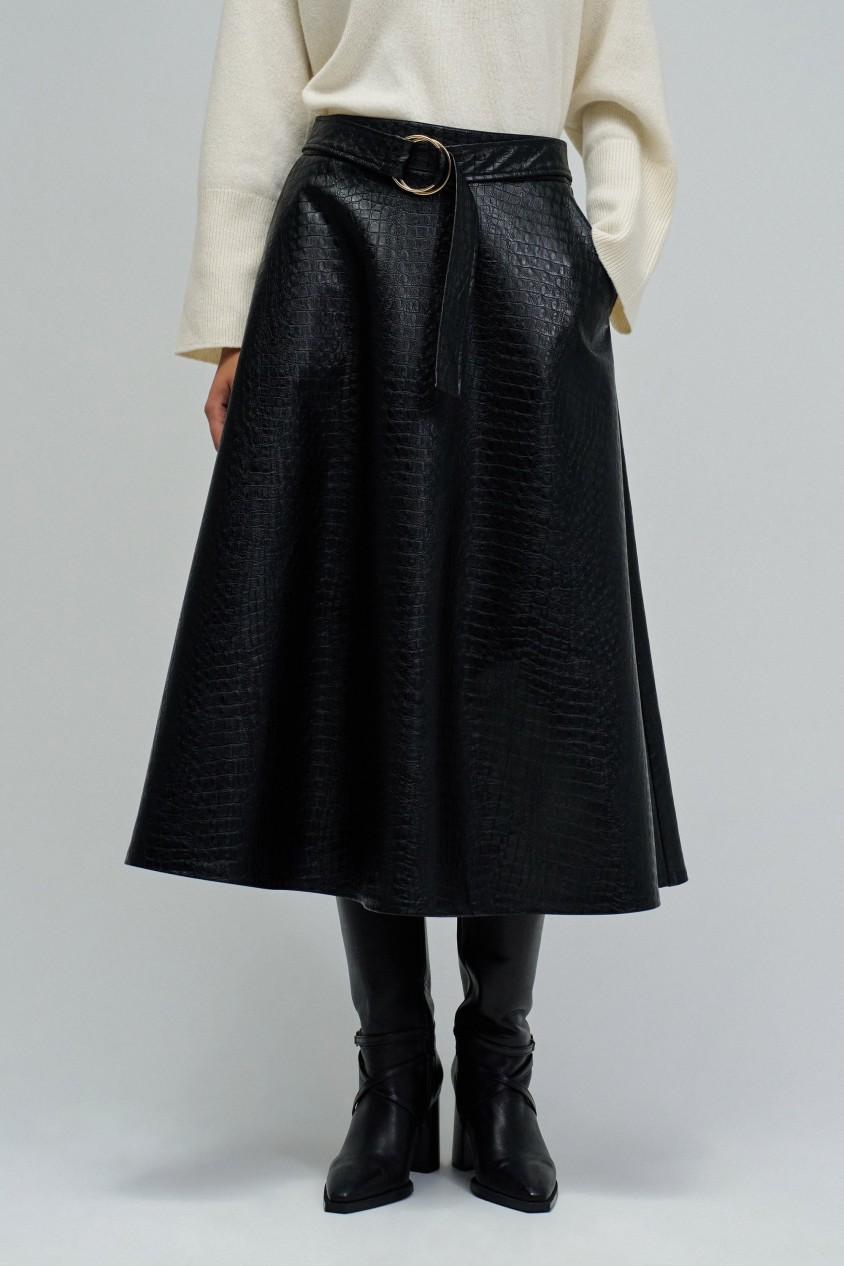 JUPE MIDI EFFET CUIR AVEC CEINTURE