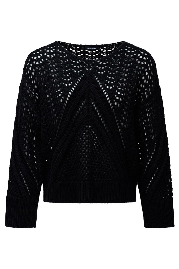 OUTLET OPEN-KNIT SWEATER, BLACK, XXL