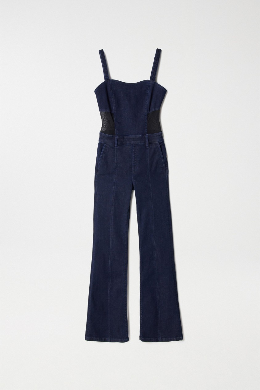 FAITH PUSH IN FLARE DENIM DUNGAREES WITH SEE-THROUGH FABRIC
