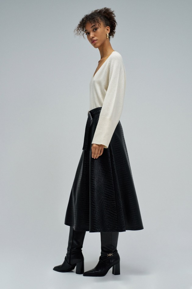 JUPE MIDI EFFET CUIR AVEC CEINTURE