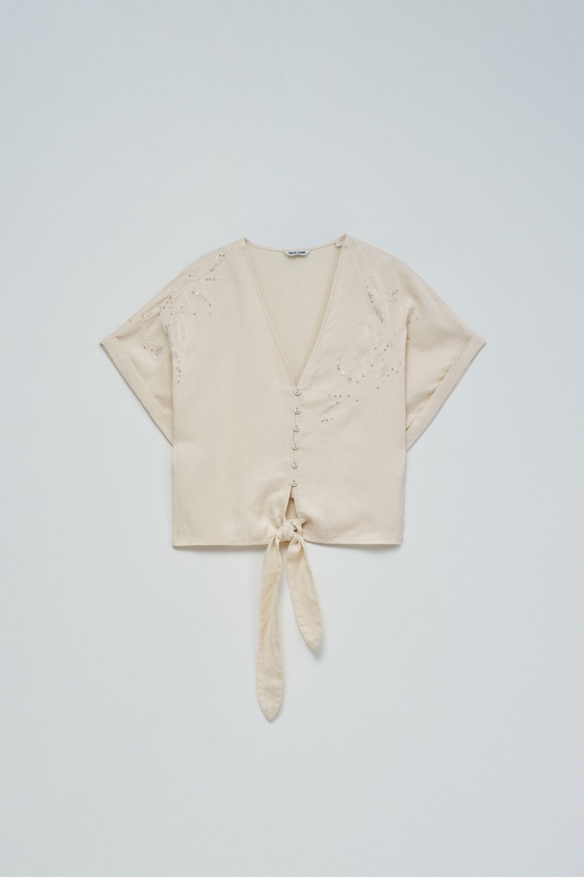 BLUSA EM LIGHTDENIM COM LAÇO NA BAINHA