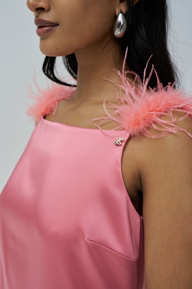 SATIN DRESS WITH FEATHERS