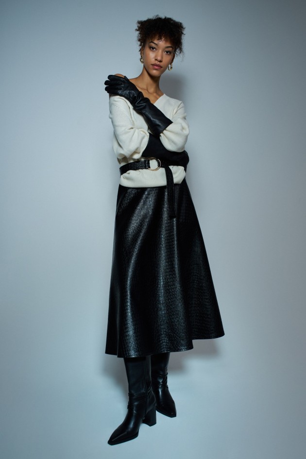 JUPE MIDI EFFET CUIR AVEC CEINTURE