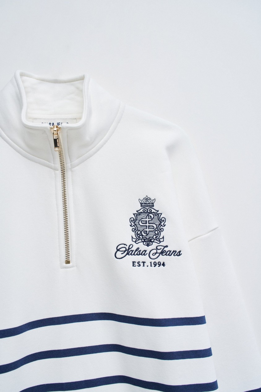 SWEATSHIRT DE RISCAS COM MEIO FECHO