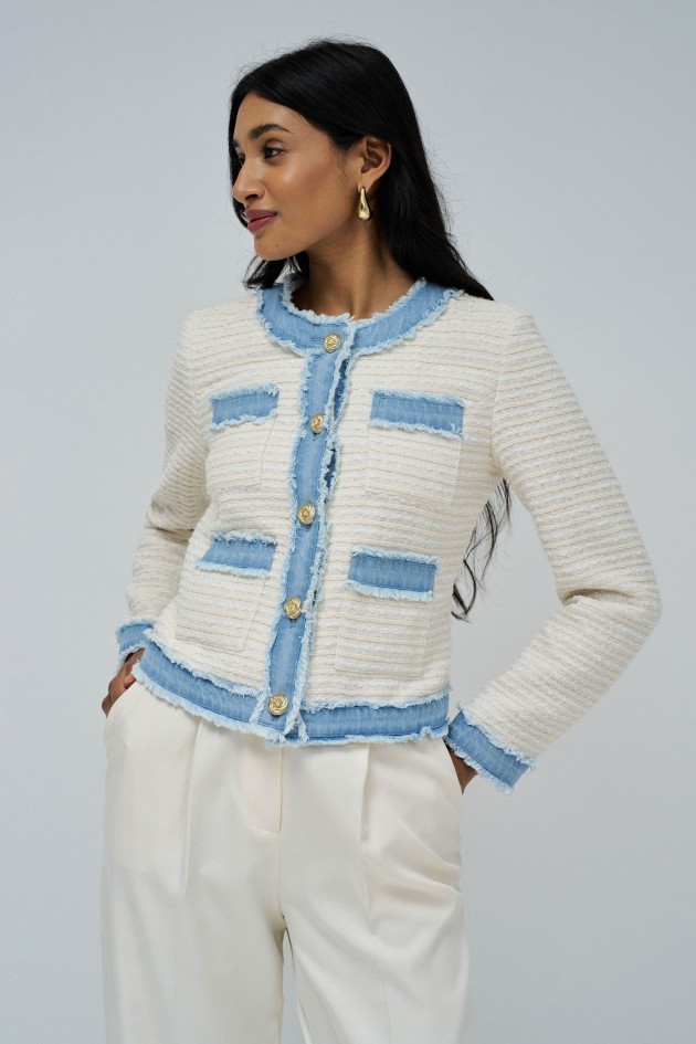 CASACO TWEED DETALHES EM DENIM