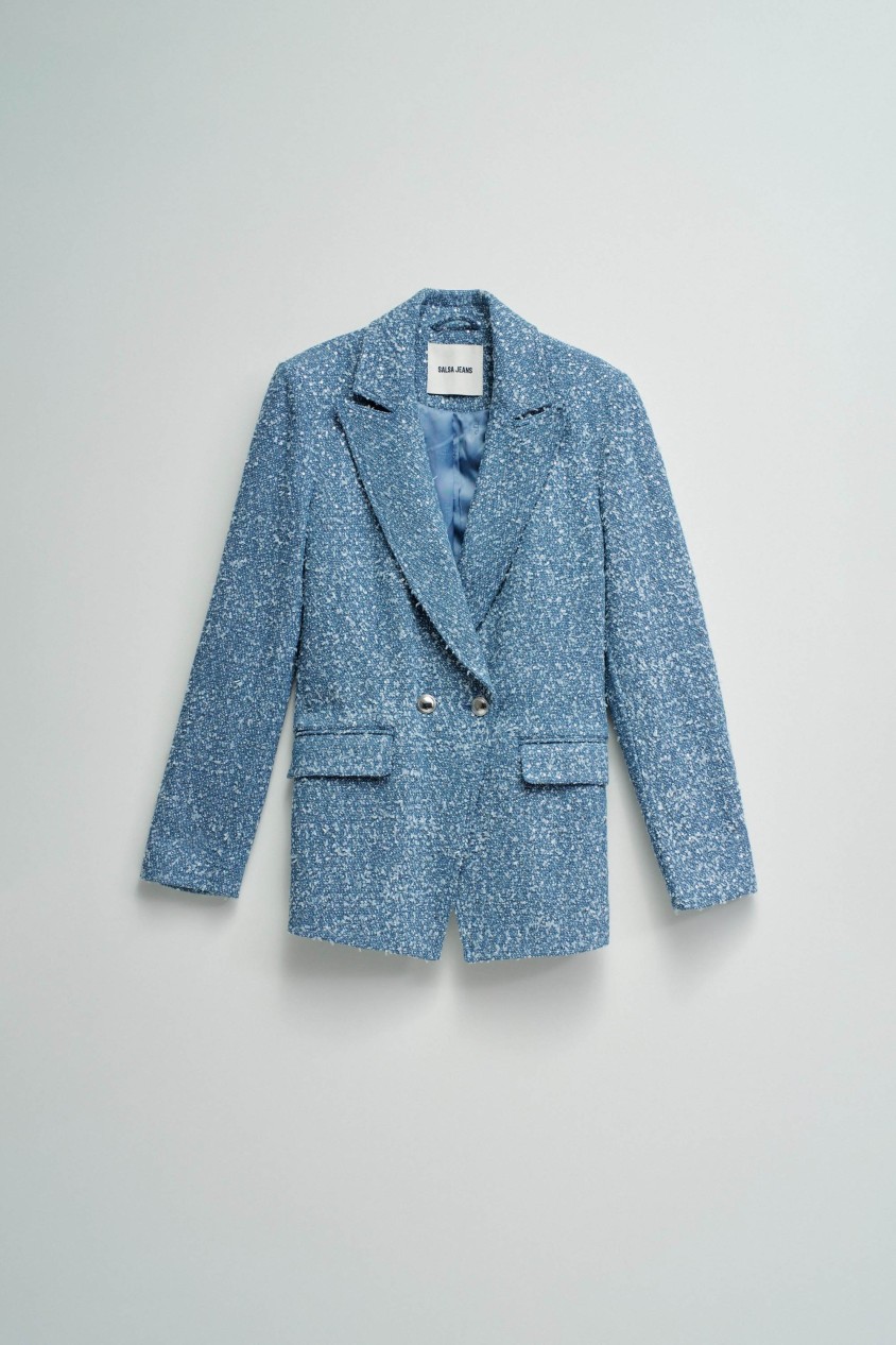 BLAZER EM DENIM COM JACQUARD E LANTEJOULAS