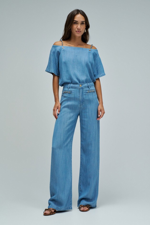 LICHTDENIM BROEK MET WIDE PIJPEN