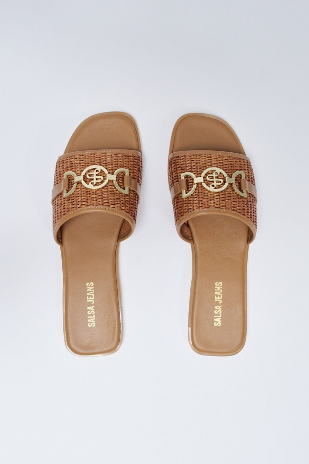 FLAT LEATHER SANDALS WITH RAFFIA