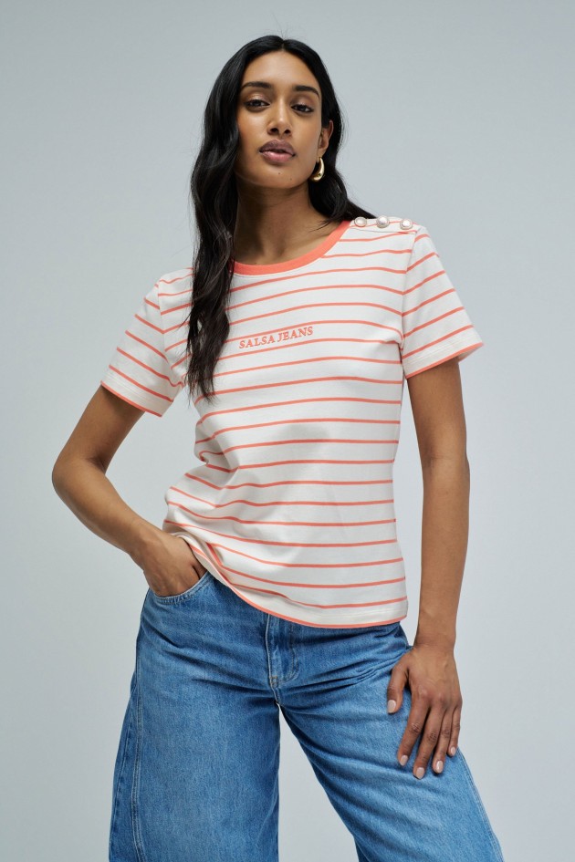 GESTREEPT T-SHIRT MET MERKOPDRUK