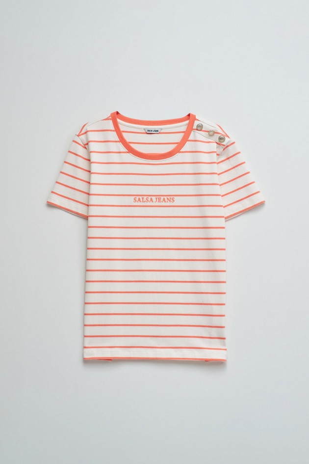 GESTREEPT T-SHIRT MET MERKOPDRUK