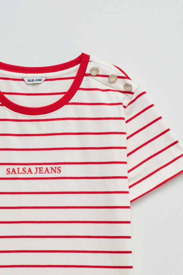 GESTREEPT T-SHIRT MET MERKOPDRUK