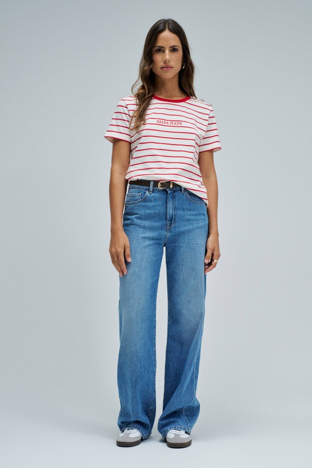 GESTREEPT T-SHIRT MET MERKOPDRUK