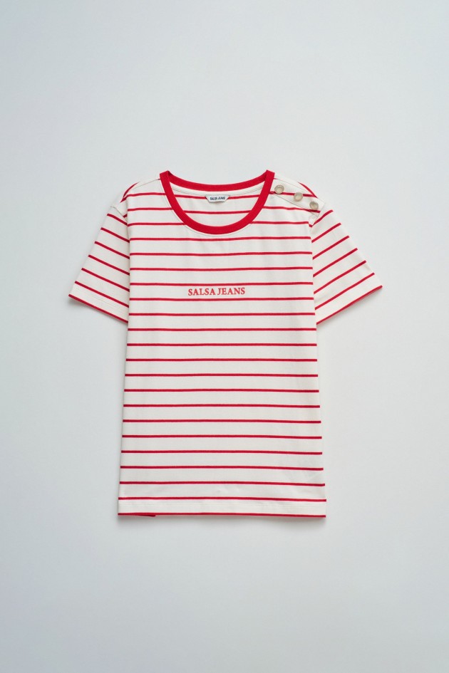 GESTREEPT T-SHIRT MET MERKOPDRUK