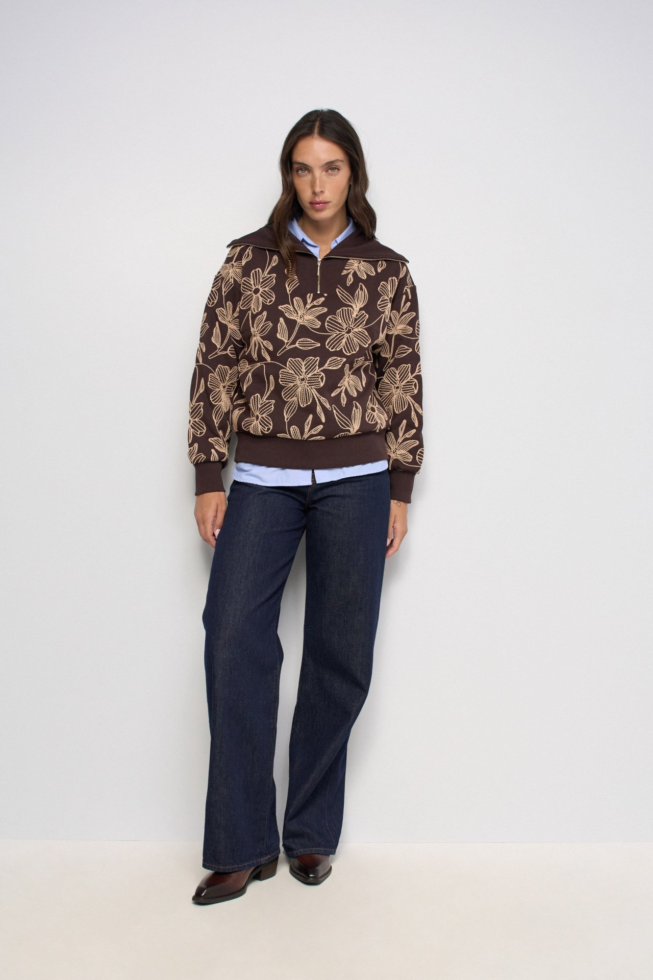 SWEAT � DEMI-ZIP AVEC BRODERIES