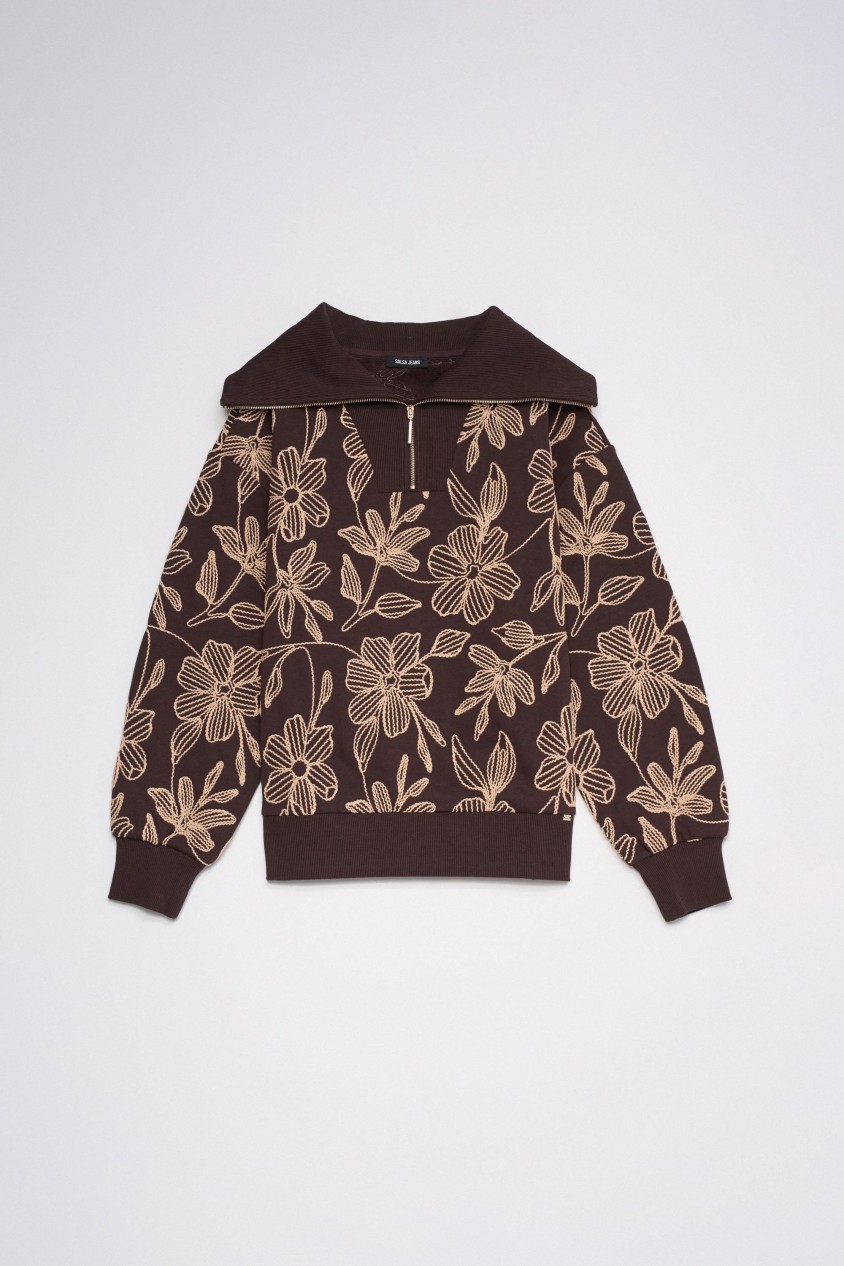SWEATSHIRT MIT HALBREISSVERSCHLUSS UND STICKEREI