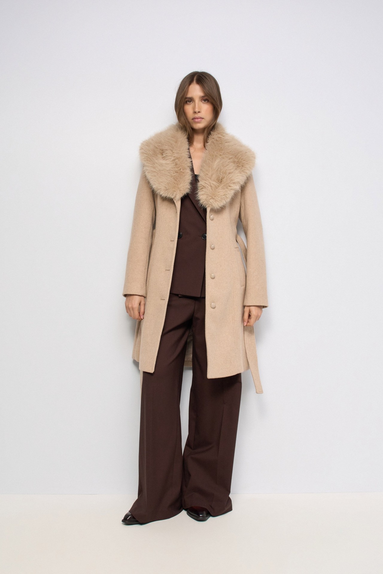 SHORT GRACE WOOL-BLEND COAT WITH FAUX FUR
