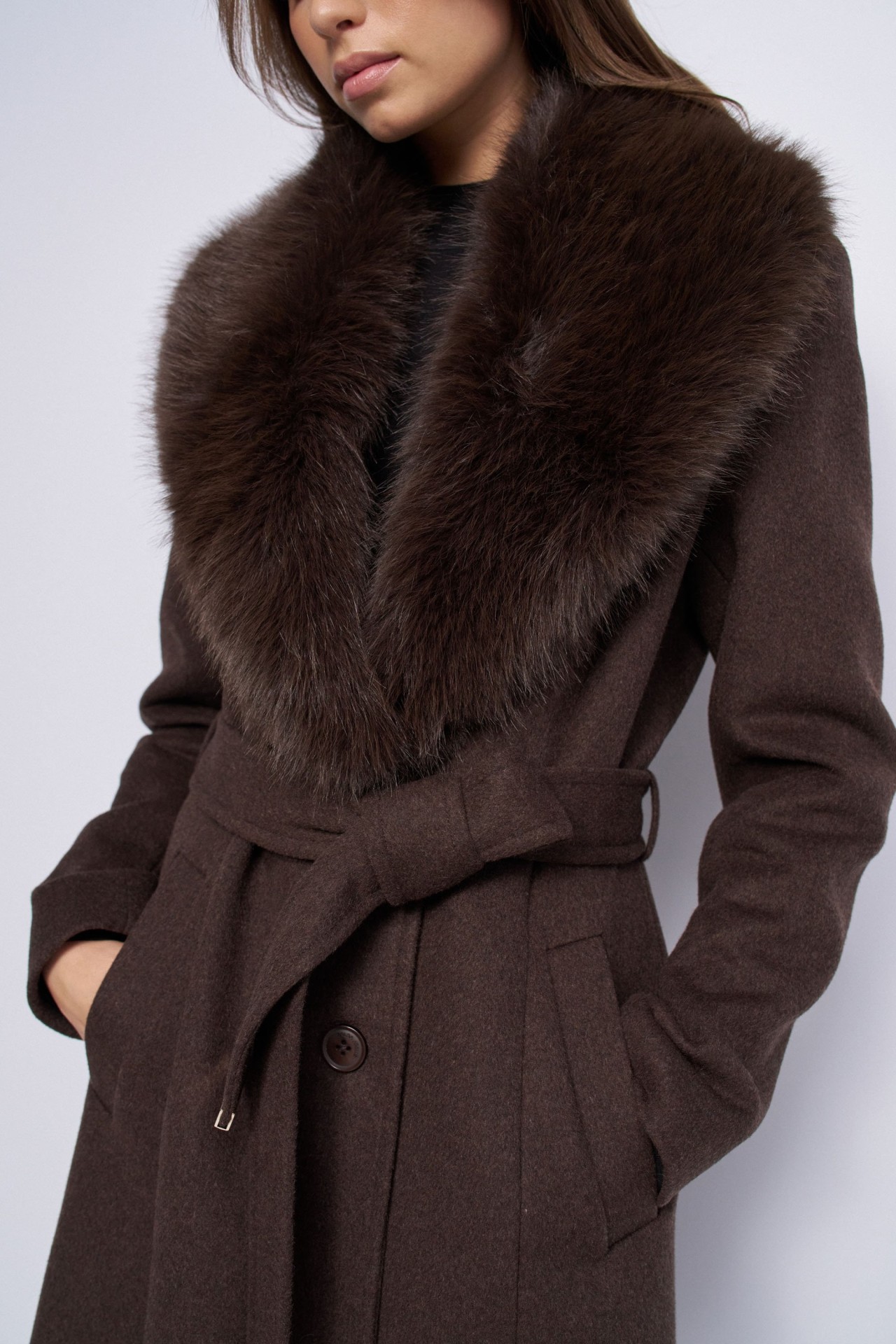 MANTEAU GRACE LONG EN DRAP DE LAINE AVEC FOURRURE