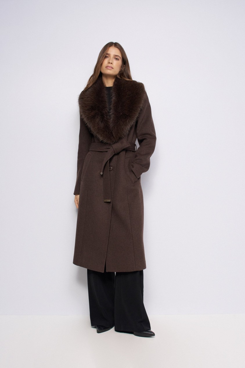 MANTEAU GRACE LONG EN DRAP DE LAINE AVEC FOURRURE