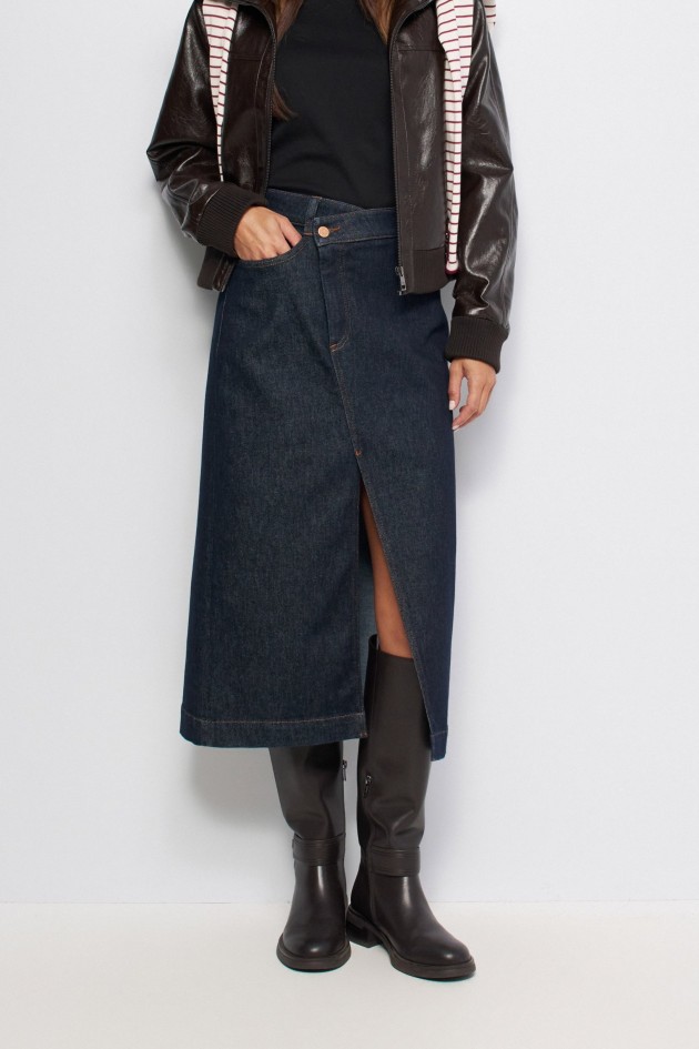 ASYMMETRIC-WAIST DENIM MIDI SKIRT