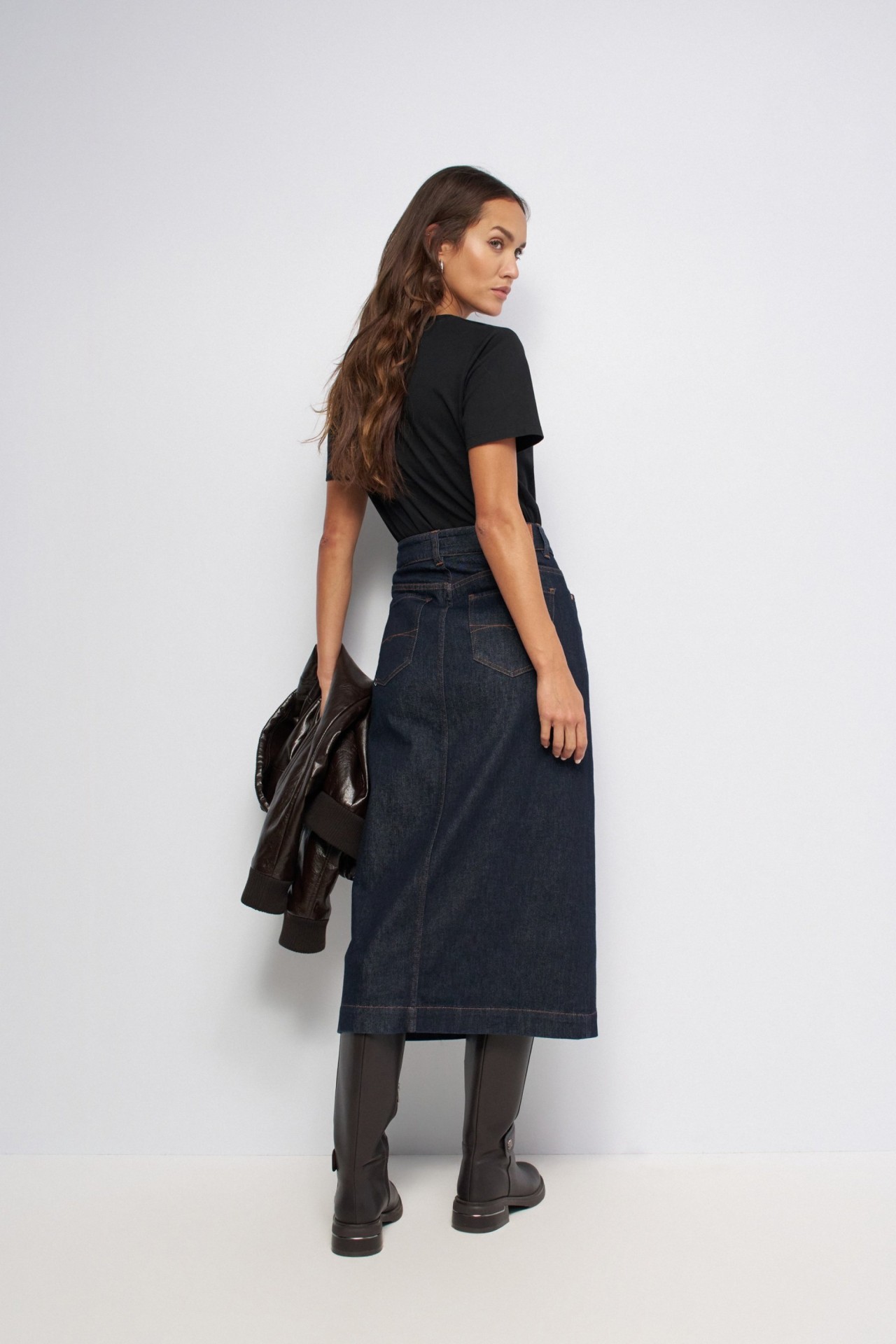 ASYMMETRIC-WAIST DENIM MIDI SKIRT